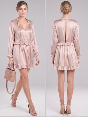 Anine Bing Elana SILK Nude V-Neck Ruffle Hem Mini Dress $398